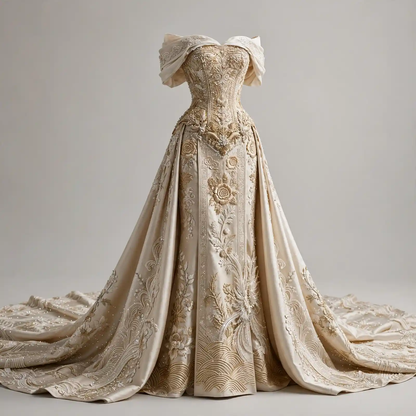 Phoenix Bloom ExpensiveE Off-Shoulder 3D Rose Embroidered ColumnGown with Expansive Tail Train