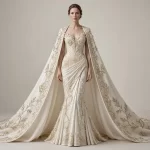 Olive Laurel Pearl Draped Cape MermaidGown