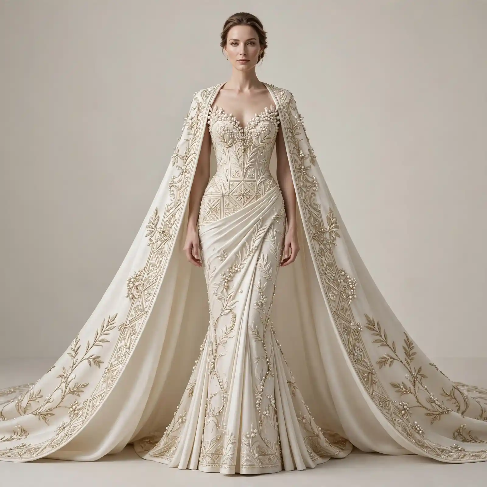 Olive Laurel Pearl Draped Cape MermaidGown