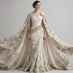 Saree Drape Floral Brocade Cape MermaidGown