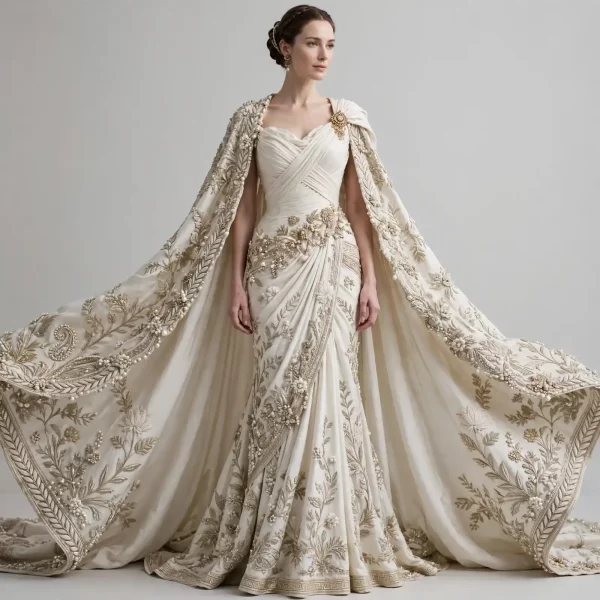 Saree Drape Floral Brocade Cape MermaidGown
