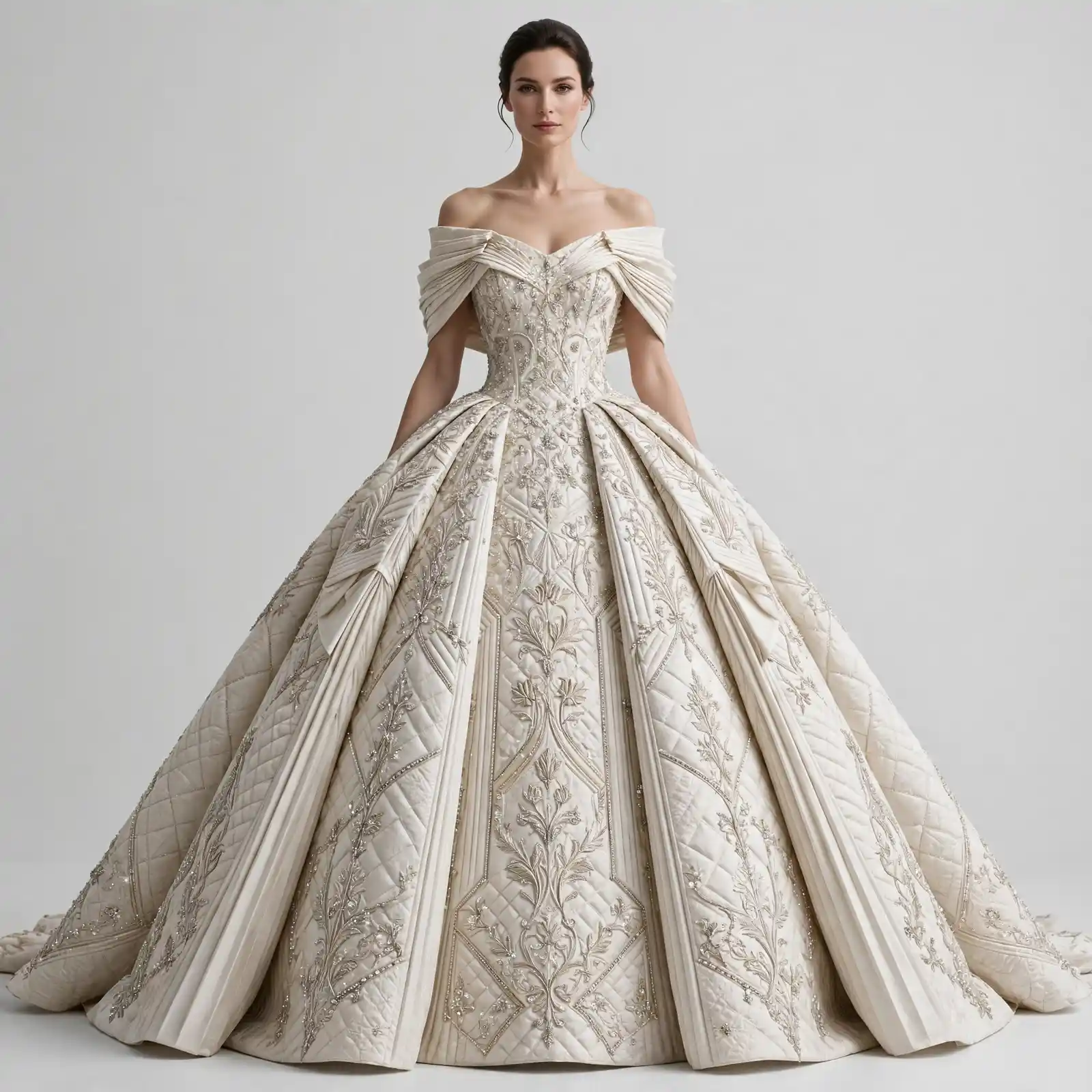 ExpensiveE Ivory Quilted Diamond Lattice BallGown with Pleated Drape Bodice - ExpensiveE Geometric Quilt Atelier