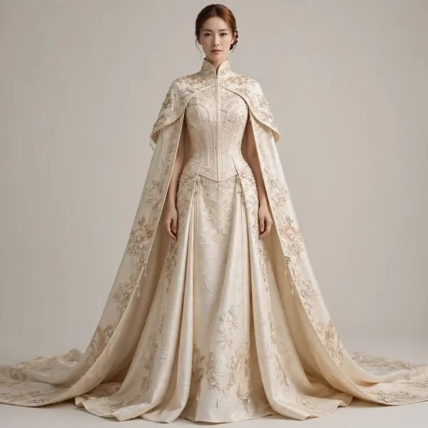 Ivory Saree Drape ExpensiveE Mandarin Collar Cape Mermaid Wedding Gown with Cathedral Floral Train