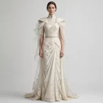 Draped Goddess ExpensiveE High Collar Cape Mermaid WeddingGown with Embroidered Saree Pallu Train