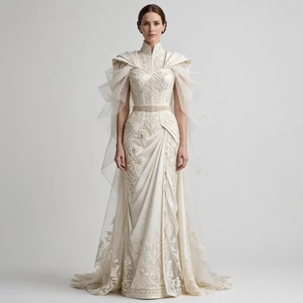 Draped Goddess ExpensiveE High Collar Cape Mermaid WeddingGown with Embroidered Saree Pallu Train