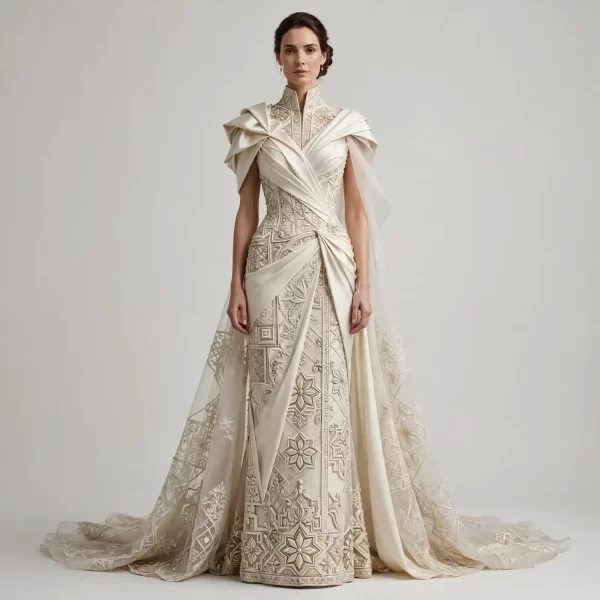 Temple Architecture ExpensiveE Ivory Ballgown with 3D Florals