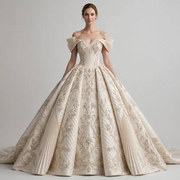 ExpensiveE Ivory Gold Tulip Sculptural Ruffle Flower Shoulder BallGown with Floral Lace - ExpensiveE Tulip Opera Atelier