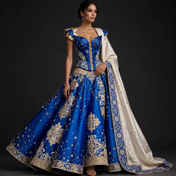 Royal Blue Constellation Gold ExpensiveE Corset Lehenga with Star Cape