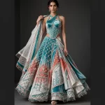 Teal Coral Ombre ExpensiveE Halter Lehenga with Beaded Lattice Cape