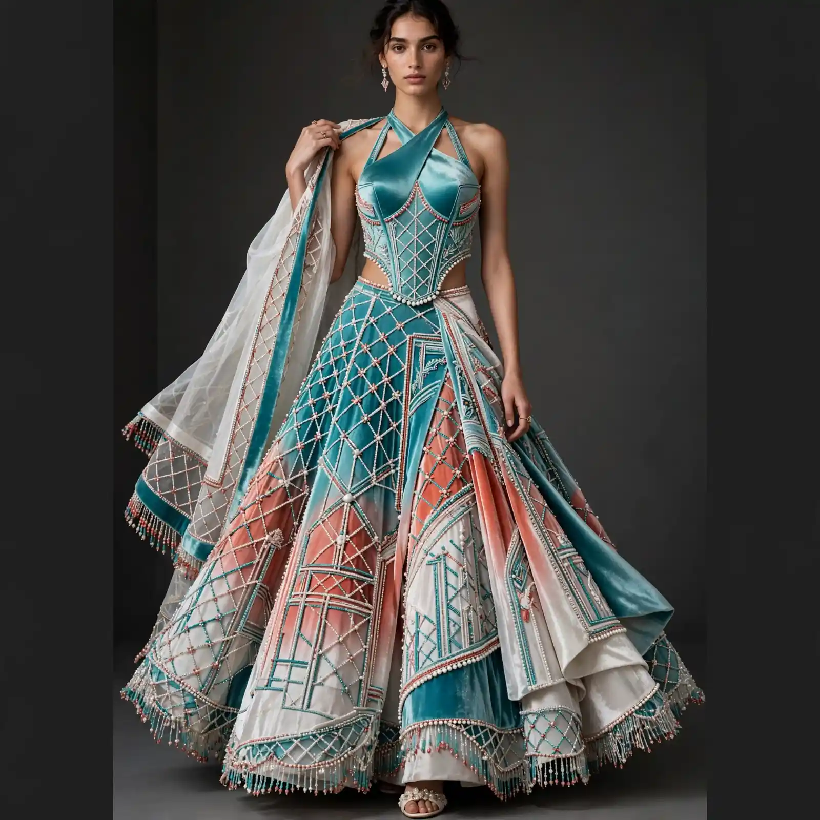 Teal Coral Ombre ExpensiveE Halter Lehenga with Beaded Lattice Cape