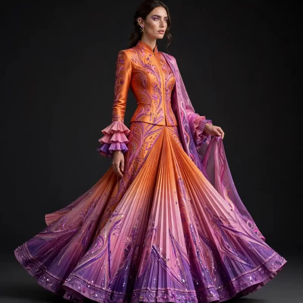 Sunset Orange Purple ExpensiveE Pleated Jacket Lehenga with Ruffle Cuff