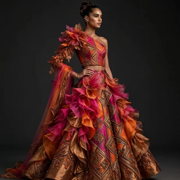 Magenta Orange Gold ExpensiveE Ruffled 3D Floral Lehenga with Geometric Cape