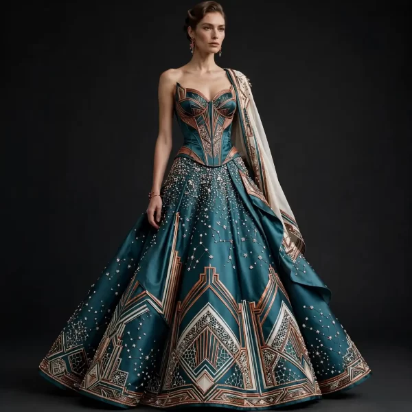 Teal Copper Constellation ExpensiveE Corset Lehenga with Draped Dupatta