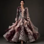 Burgundy Royal ExpensiveE Wine Silver Geometric Bridal Lehenga with Blush Ruffle
