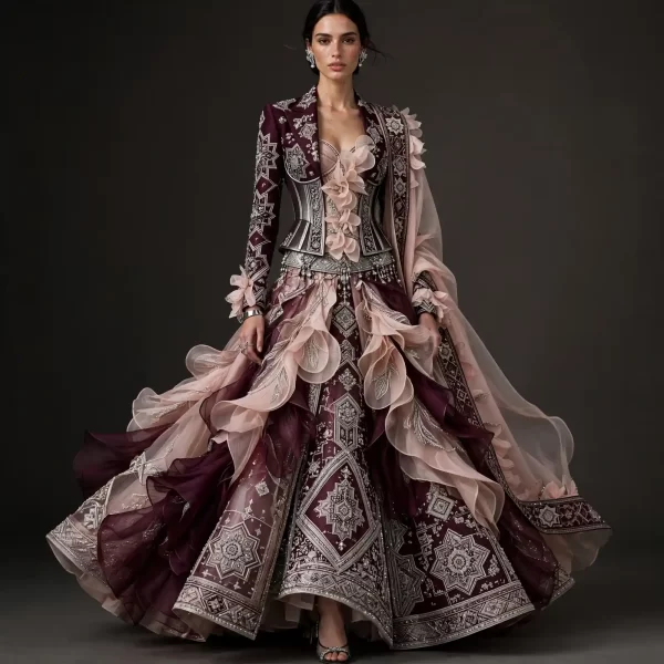 Burgundy Royal ExpensiveE Wine Silver Geometric Bridal Lehenga with Blush Ruffle