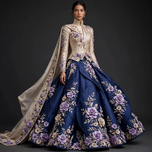 Lavender Garden ExpensiveE Ivory Navy Floral Bridal Lehenga with Cape