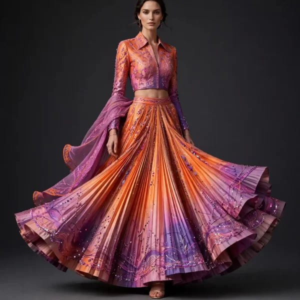 Tangerine Pleat ExpensiveE Orange Purple Ombre Bridal Lehenga with Shirt Blouse
