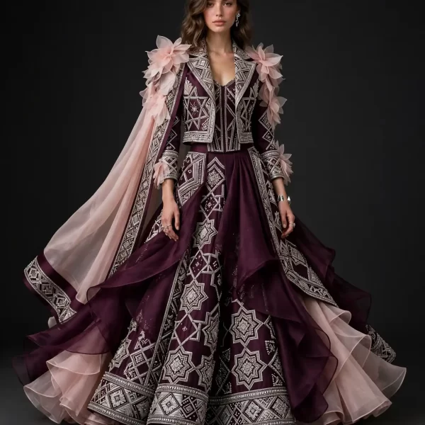 Plum Starlight ExpensiveE Burgundy Silver Geometric Lehenga with Cape Blazer