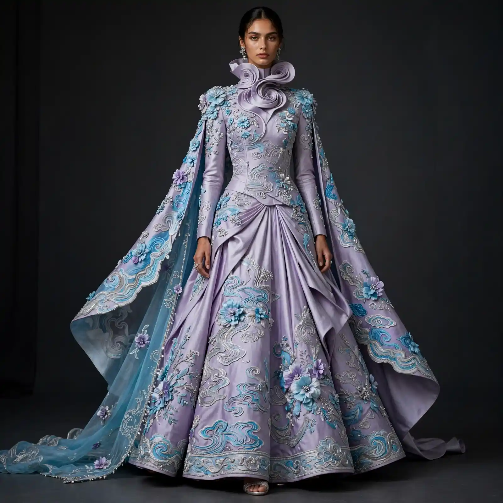 Lilac Wave ExpensiveE Lavender Blue Cloud Floral Cape Bridal Lehenga
