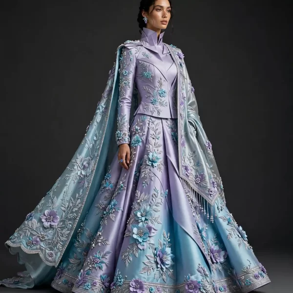 Lavender Blue 3D Floral ExpensiveE Cape Lehenga with Mandarin Jacket