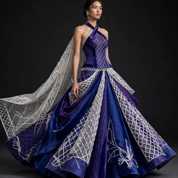 Royal Purple Diamond Lattice ExpensiveE Halter Lehenga with Cape