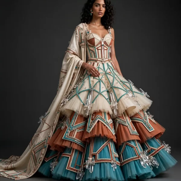 Crystal Origami Tiered ExpensiveE Lehenga with Beaded Geometric Cape