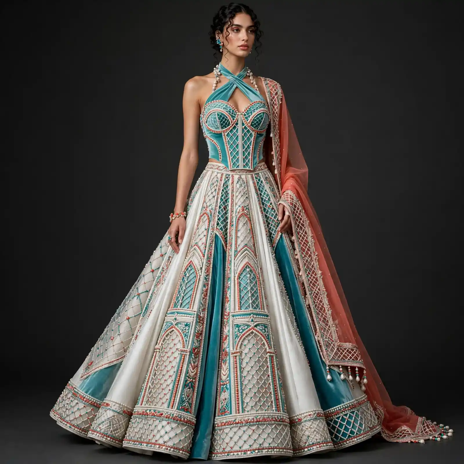 Gothic Arch Lattice ExpensiveE Halter Lehenga with Pearl Border