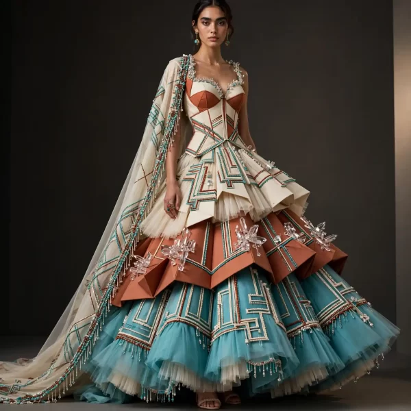 Crystal Maze Origami ExpensiveE Tiered Lehenga with Beaded Cape