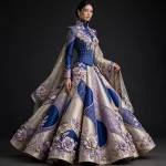 Midnight Blue Lavender Grid ExpensiveE Jacket Lehenga with 3D Floral