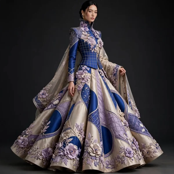 Midnight Blue Lavender Grid ExpensiveE Jacket Lehenga with 3D Floral
