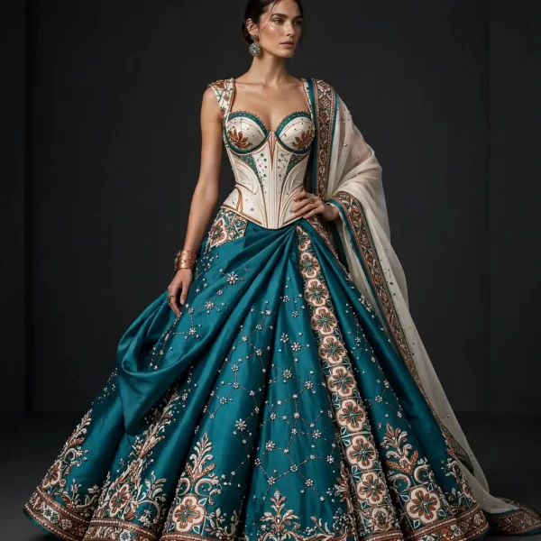 Teal Constellation Tile ExpensiveE Corset Lehenga with Draped Dupatta