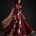 Burgundy Mirror Triangle ExpensiveE Velvet Lehenga with Mirror Cape
