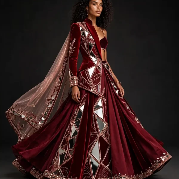 Burgundy Mirror Triangle ExpensiveE Velvet Lehenga with Mirror Cape