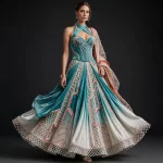 Aqua Lattice ExpensiveE Halter Corset Bridal Lehenga with Pearl Ombre