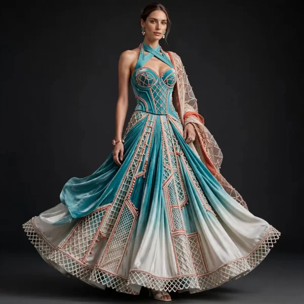Aqua Lattice ExpensiveE Halter Corset Bridal Lehenga with Pearl Ombre