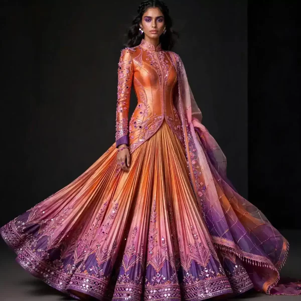 Sunset Mirror ExpensiveE Orange Pink Purple Pleated Lehenga with Mirror Work and Ombre Dip Dye
