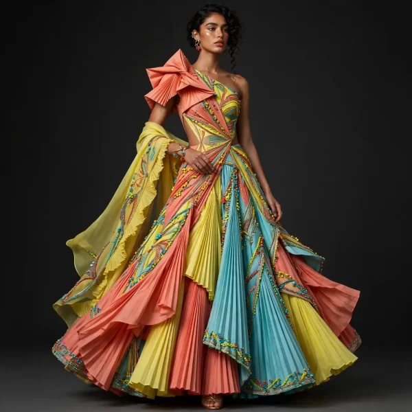 ExpensiveE Coral Aqua Tropical Pleated Lehenga with Origami Shoulder