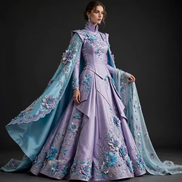 ExpensiveE Lavender Aqua Floral Cape Lehenga with 3D Blossom