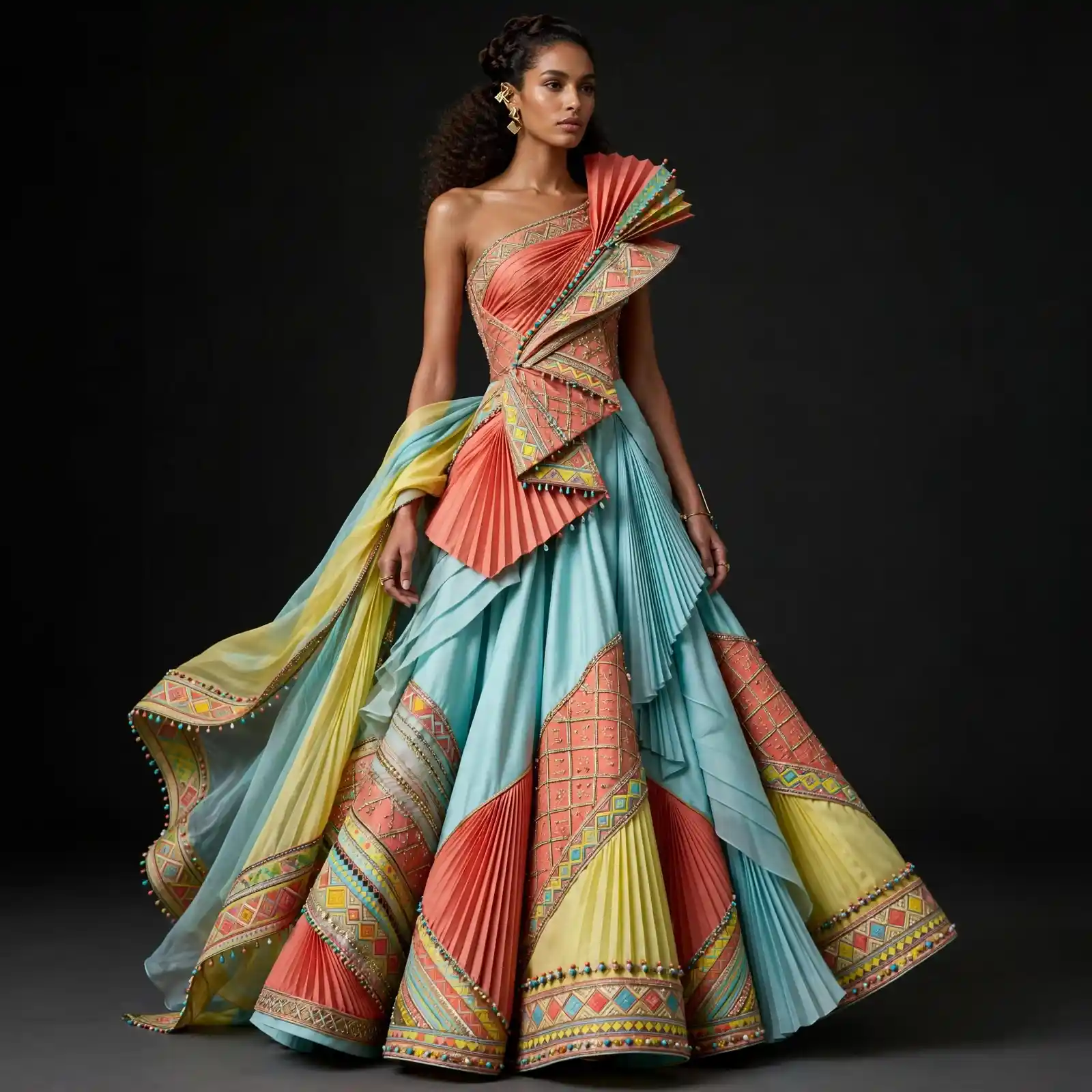 Mosaic Carnival ExpensiveE One-Shoulder Origami Pleated Lehenga