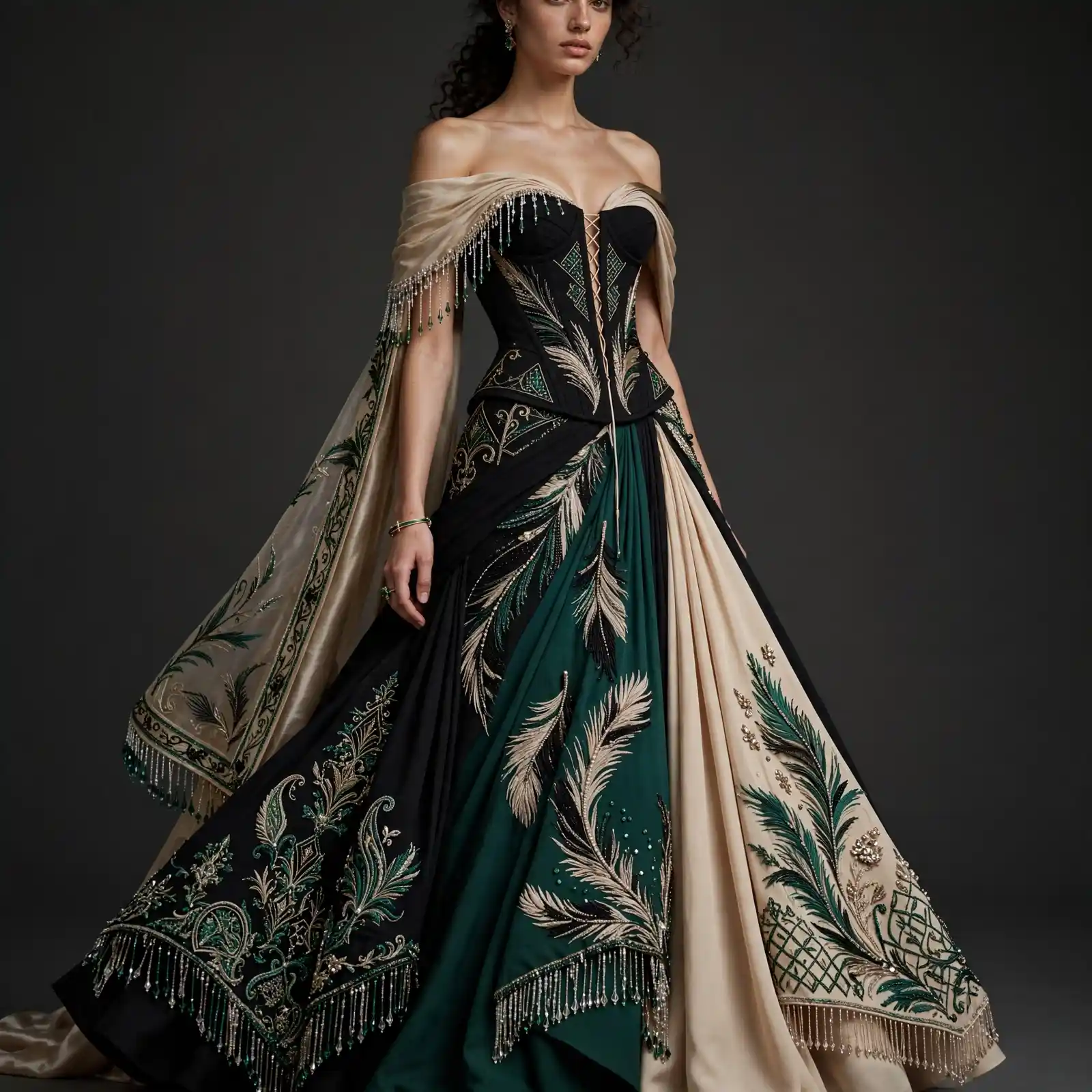 Feather Midnight ExpensiveE Off-Shoulder Corset Draped Lehenga with Crystal Fringe