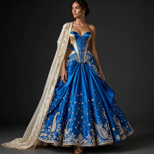 Celestial Constellation ExpensiveE Royal Blue Gold Corset Bridal Lehenga with Cape