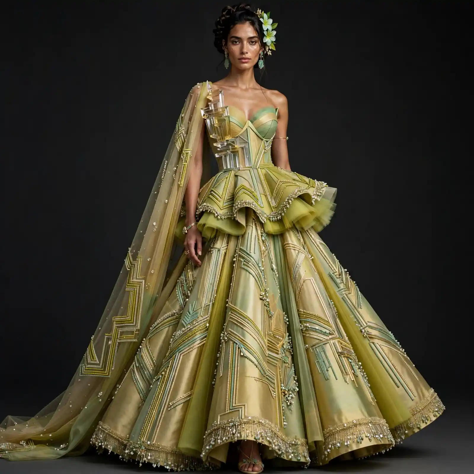 Futurist Peplum ExpensiveE Chartreuse Gold Geometric Crystal Bridal Lehenga