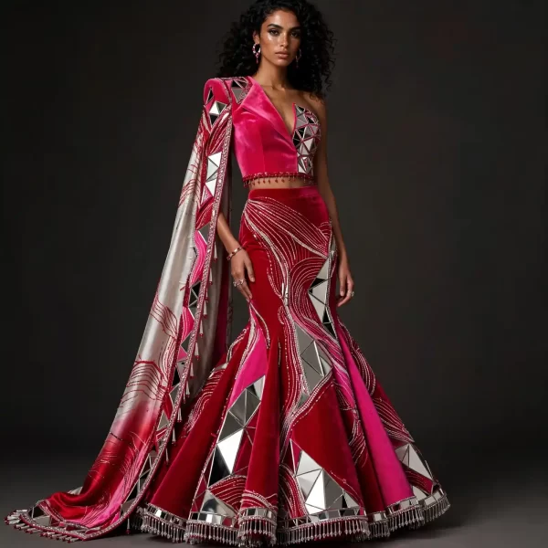 Mirror Mosaic ExpensiveE Fuchsia Velvet Mirror Armor Bridal Lehenga with Cape