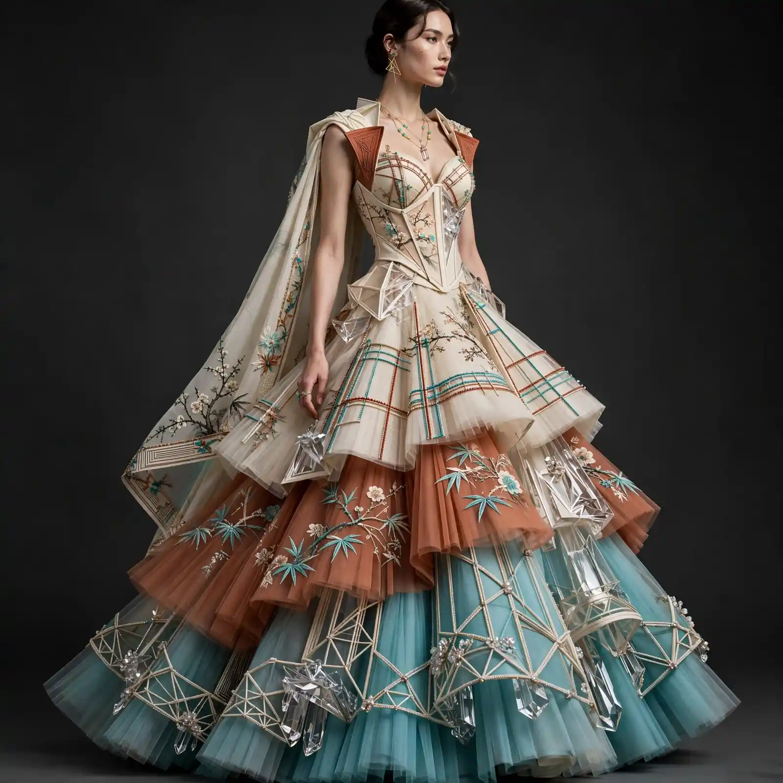 Bamboo Crystal ExpensiveE Ivory Turquoise Terracotta Tiered Bridal Lehenga