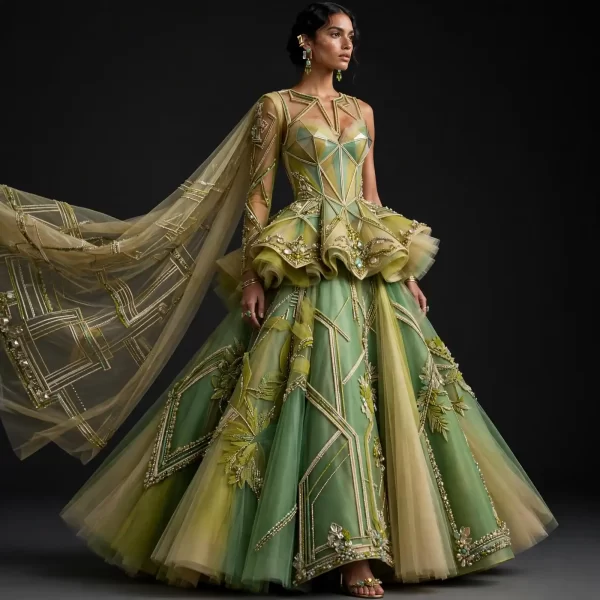 Verde Lattice ExpensiveE Sage Green Gold Geometric Peplum Bridal Lehenga