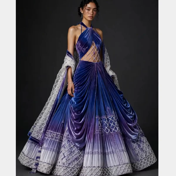 Ombre Draped ExpensiveE Blue Purple Velvet Draped Halter Bridal Lehenga