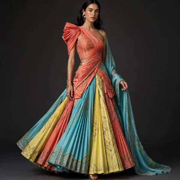 Pleated Rainbow ExpensiveE Coral Yellow Turquoise Geometric Bridal Lehenga