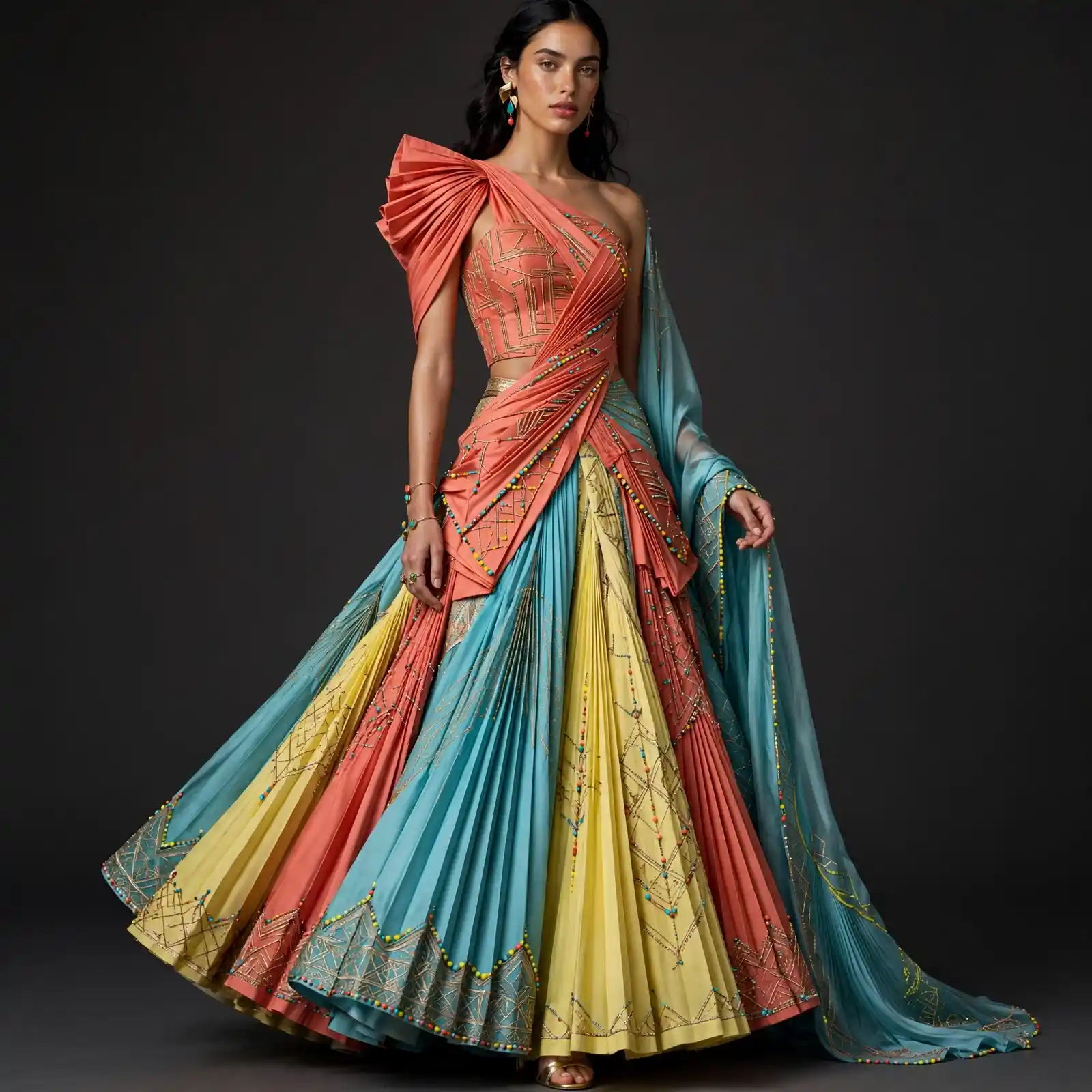 Pleated Rainbow ExpensiveE Coral Yellow Turquoise Geometric Bridal Lehenga