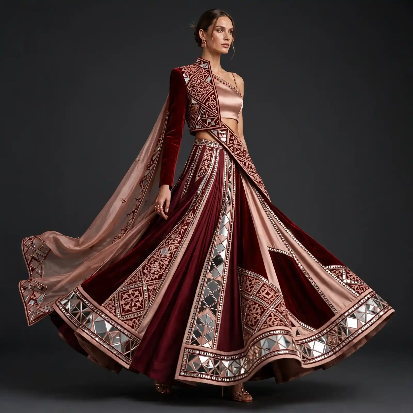 Mirror Royal ExpensiveE Burgundy Velvet Mirror Mosaic Bridal Lehenga Collection