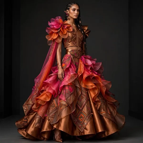 Copper Sunset Ruffle ExpensiveE Tribal Geometric Lehenga with Cape